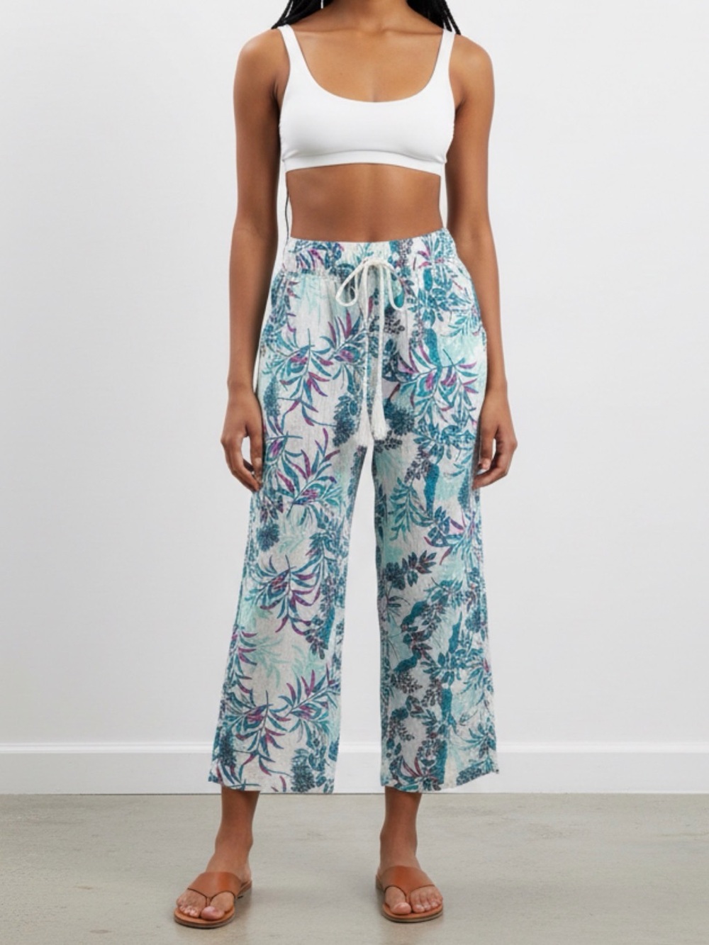 Linen Wide-Leg cropped Tropical Print Drawstring Pants size medium